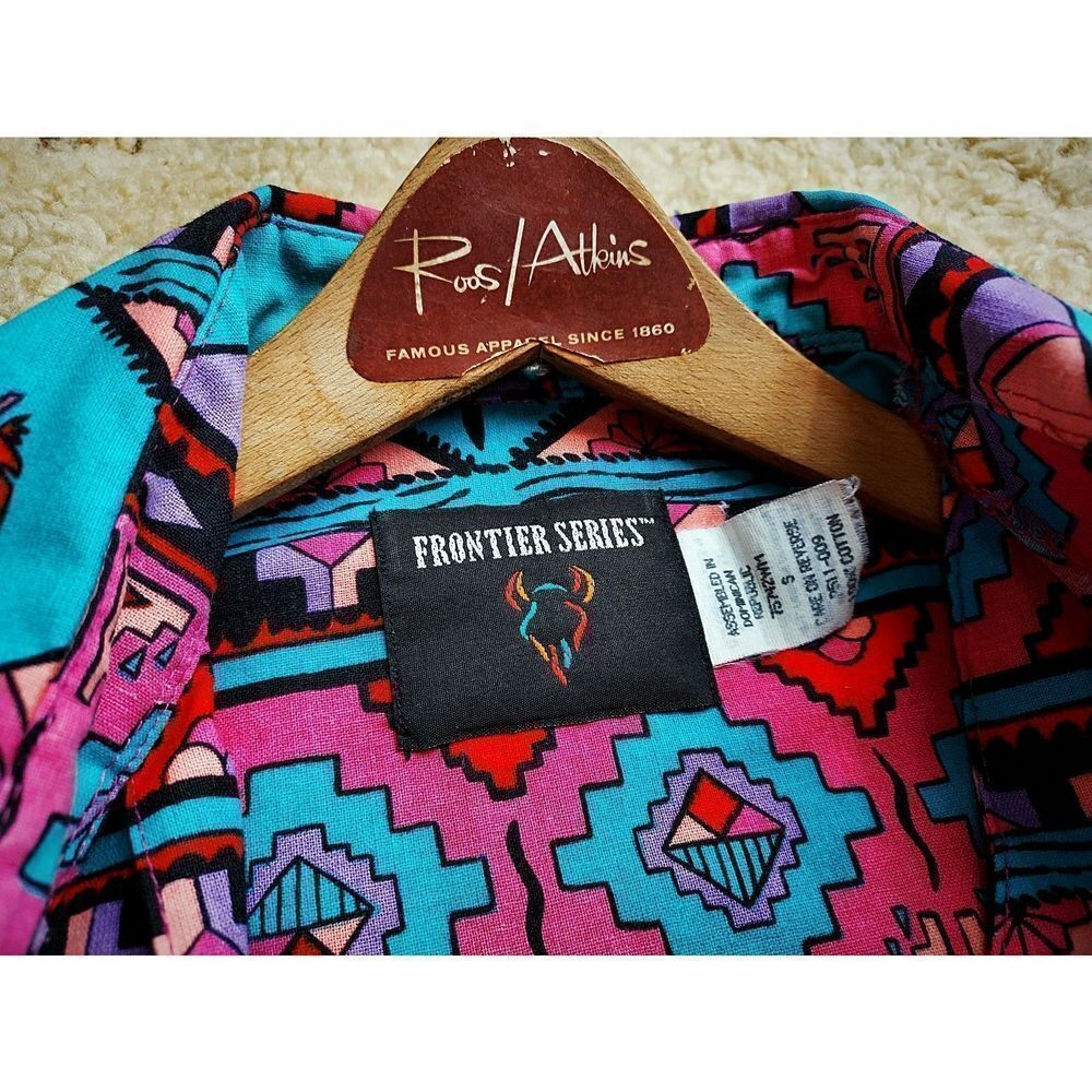 Vtg 1980s 90s NAVAJO Turquoise Pink ALL-OVER Print BRUSHPOPPER Rodeo Shirt Sz S - Picture 6 of 8